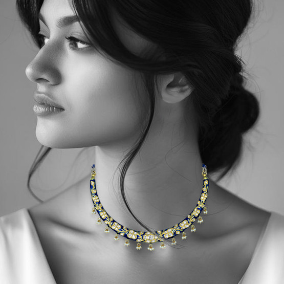 Blue Enamel Polki Hasli with Floral Design and Pearl Drops